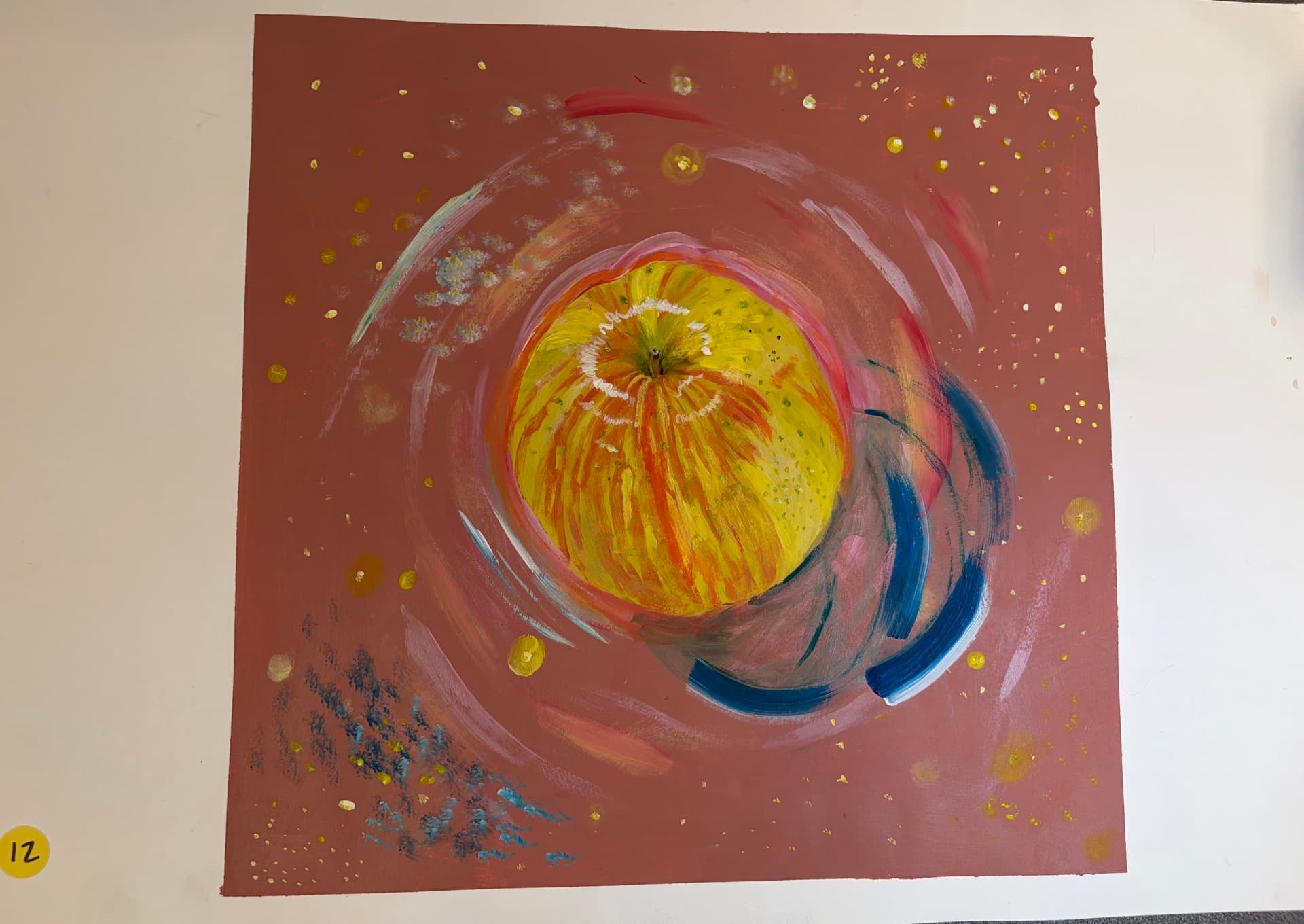 Abstract apple painting with gold accents