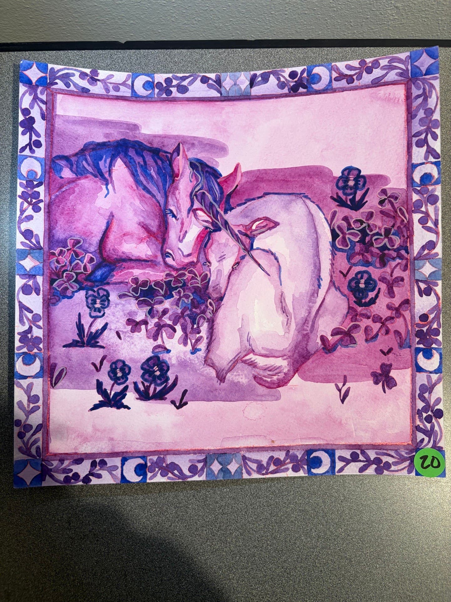 Purple watercolor of two horses